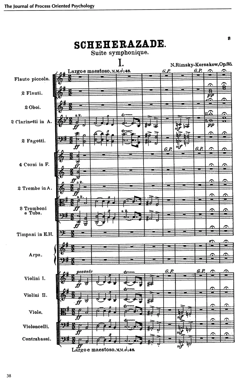 Music score: Rimsky-Korsakov, Scheherazade, Op. 35, movement I, bars 1 to 9 (Largo e maestoso), the whole of printed page 38